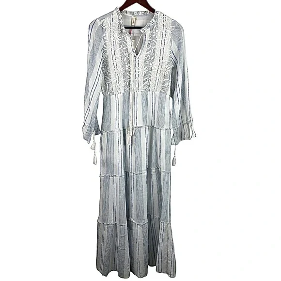 NWT RAGA Fleri White and Blue Striped Floral Embroidered Tie Long Sleeve Dress - Picture 8 of 13